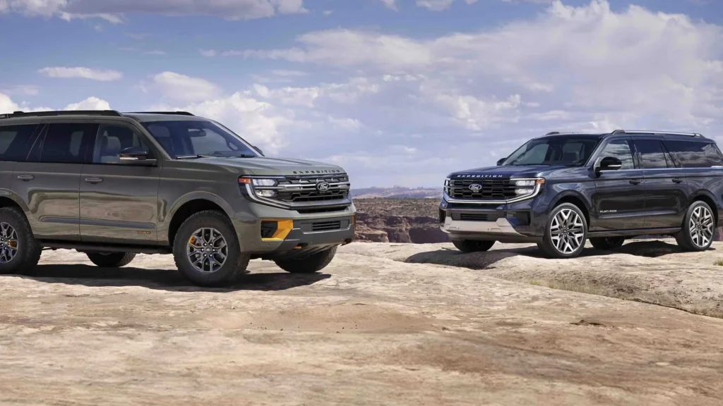 2025 Ford Expedition® lineup displayed in rugged desert landscape with distant cliffs.