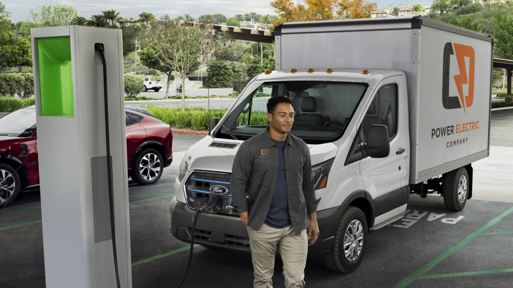 2025 Ford E-Transit™ charging at a station, featuring a Power Electric Company delivery van.