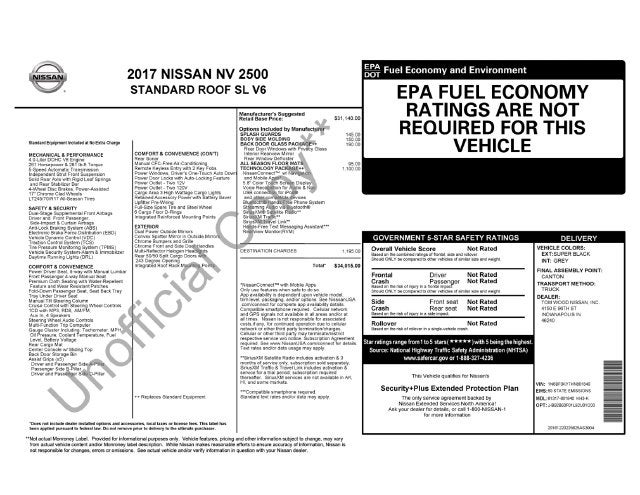 2017 Nissan NV2500 HD SL Standard Roof