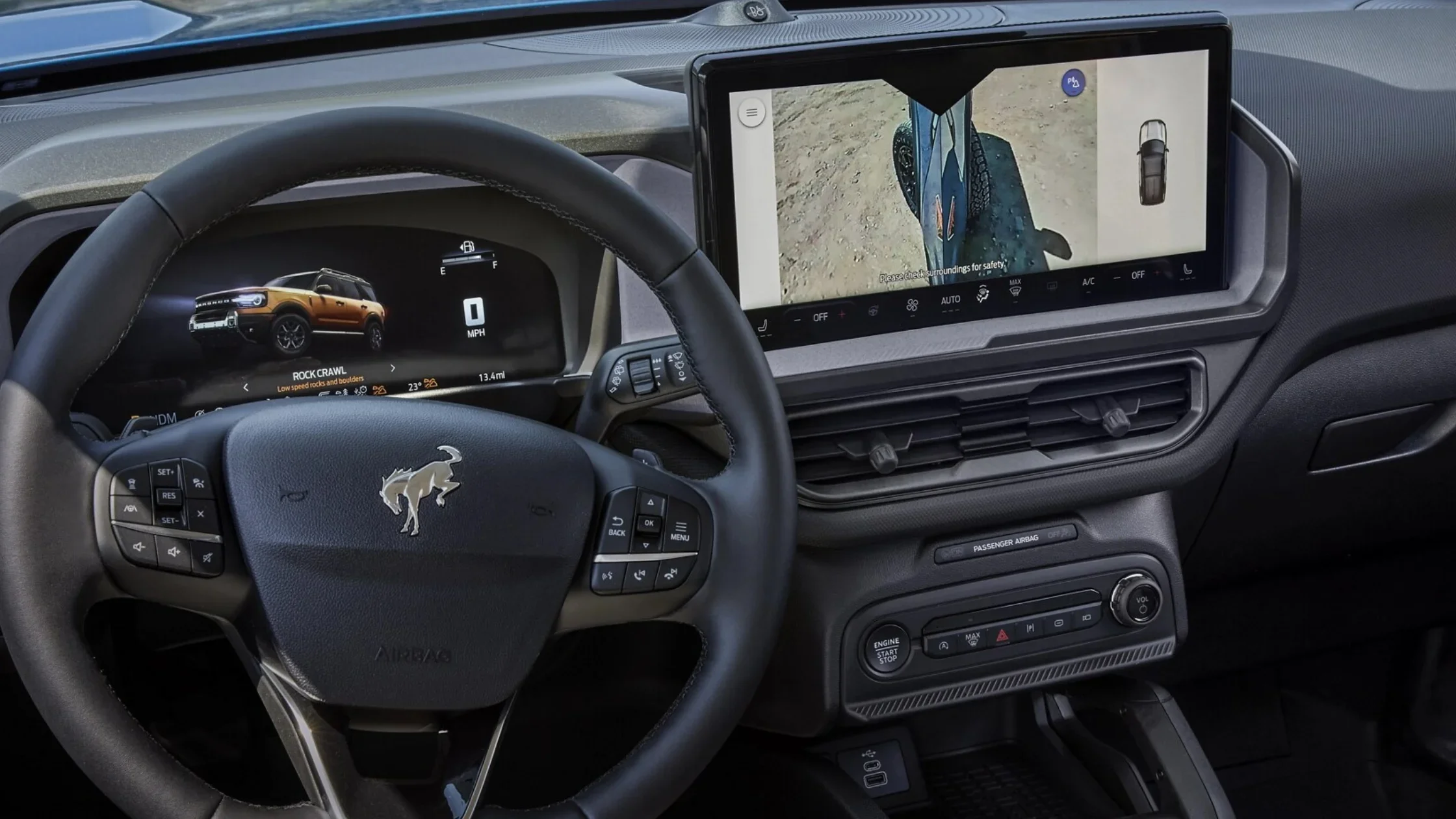 2025 Ford Bronco Sport dashboard showing digital display with terrain camera view.