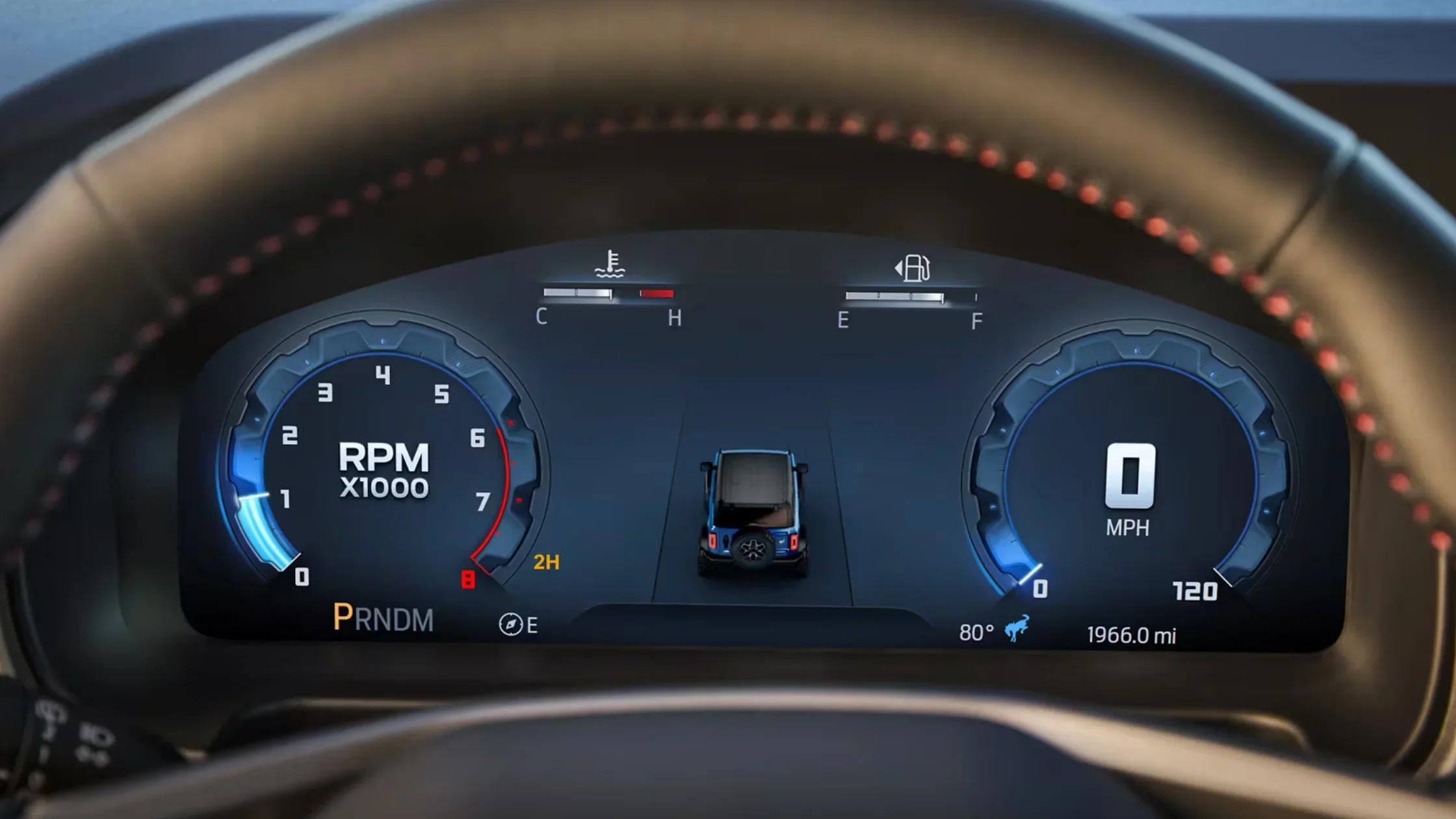2025 Ford Bronco digital dashboard showing RPM, speed, and off-road vehicle status