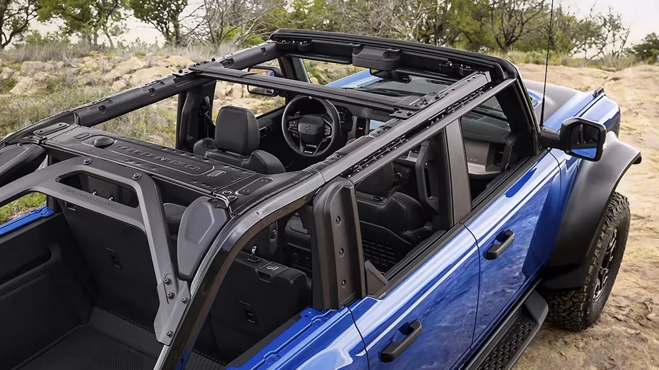 Top-down view of 2025 Ford Bronco with roof panels removed for open-air off-road setup