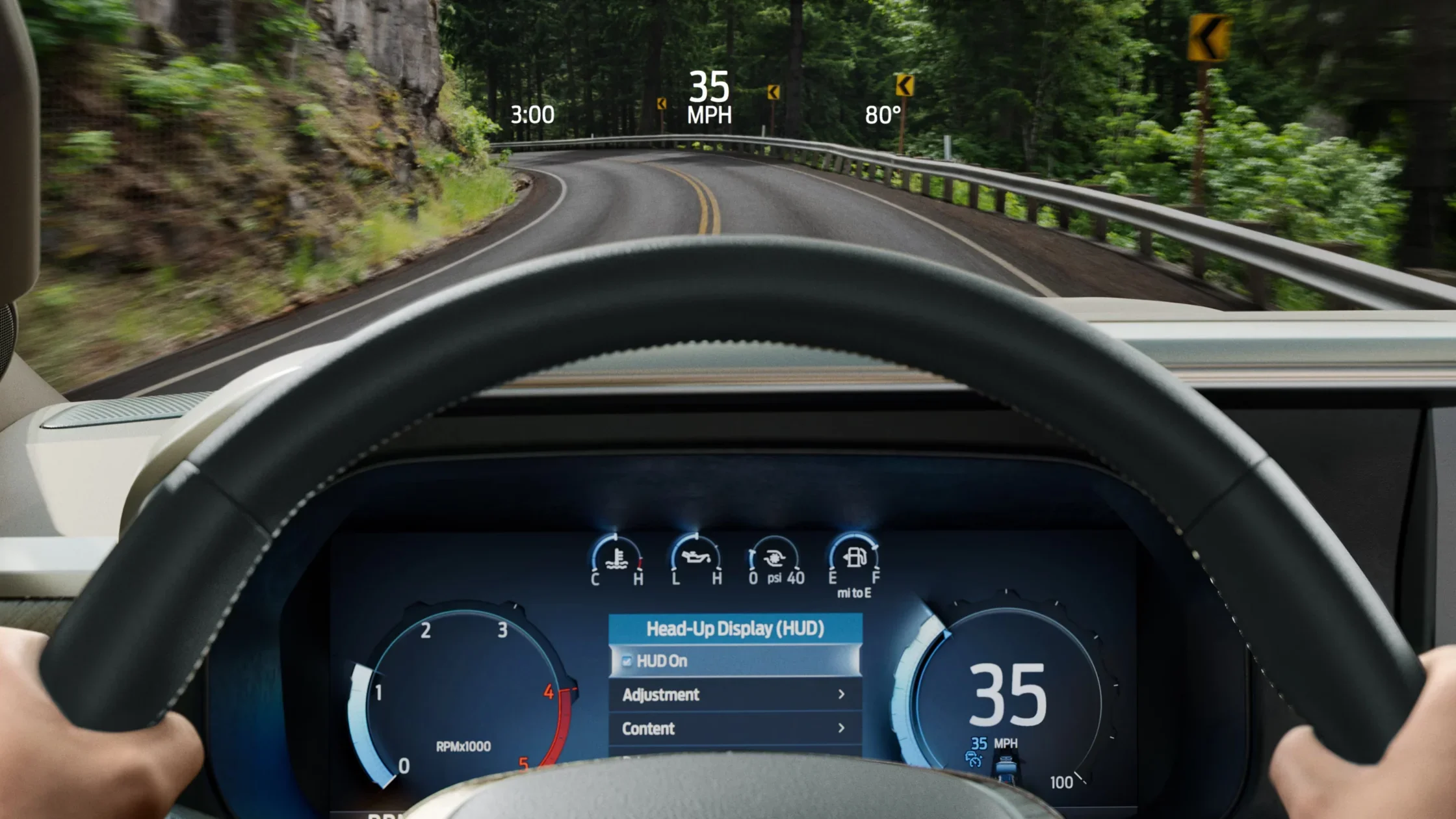 2025 Ford Super Duty digital dash with HUD showing speed, RPM, temp, and fuel levels