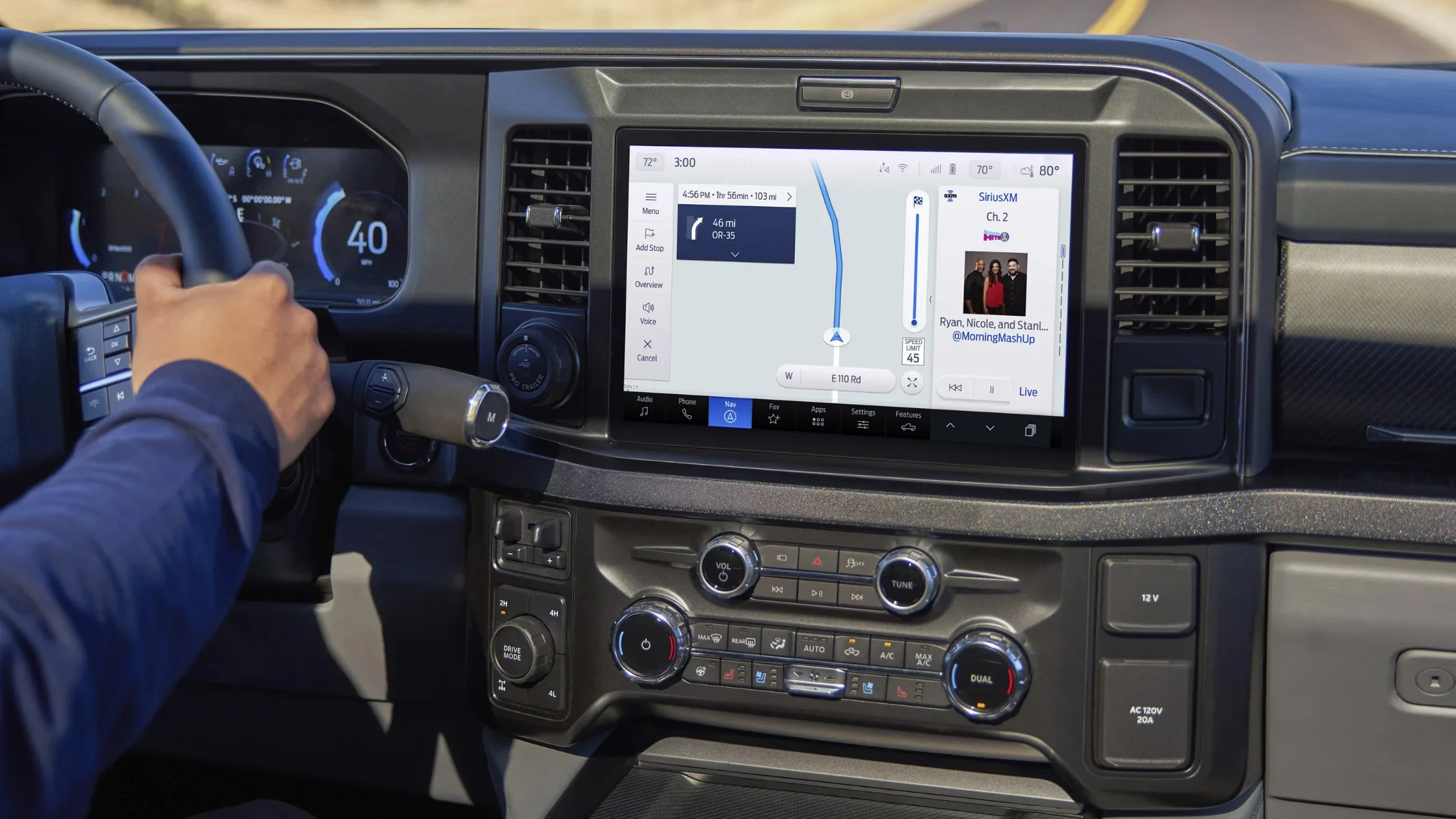 2025 Ford Super Duty center console with touchscreen nav, SiriusXM, and climate controls