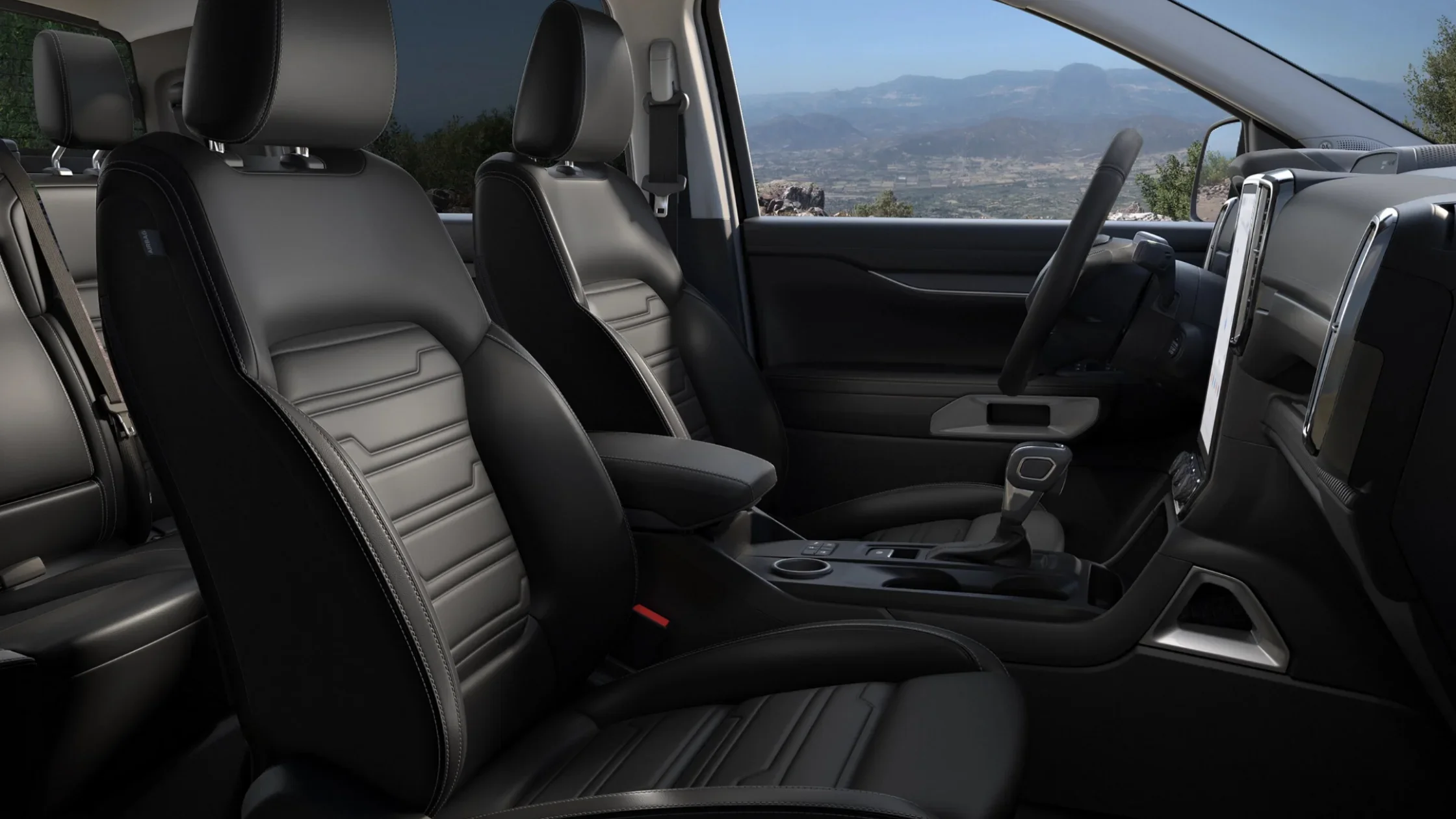 2025 Ranger® interior with black leather seats, center console, and vertical touchscreen.