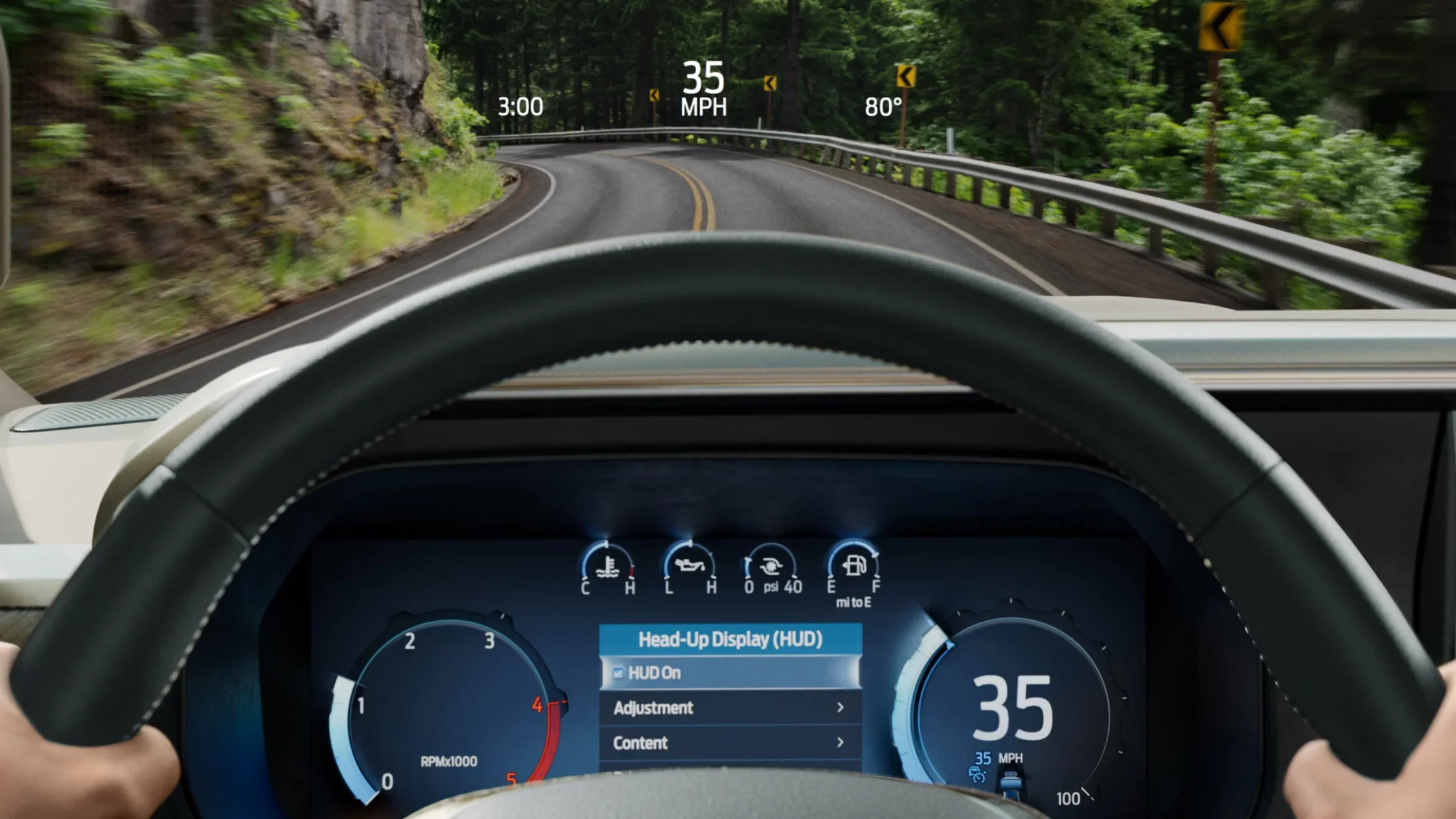 2025 Super Duty® digital gauge cluster with head-up display showing speed and settings.