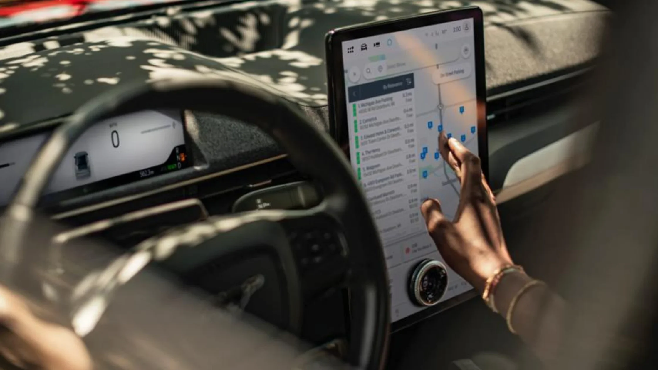 Close-up of 2025 Mustang Mach-E® digital infotainment touchscreen showing navigation interface