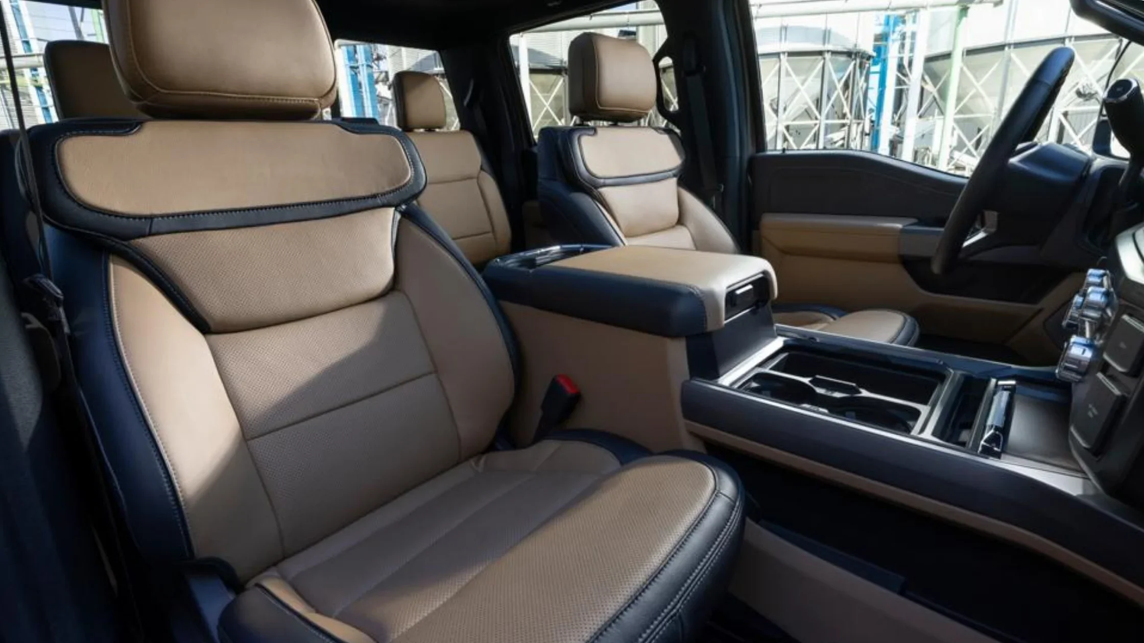 Luxurious two-tone leather seats and spacious cabin inside the 2025 Ford Super Duty® F-350®.